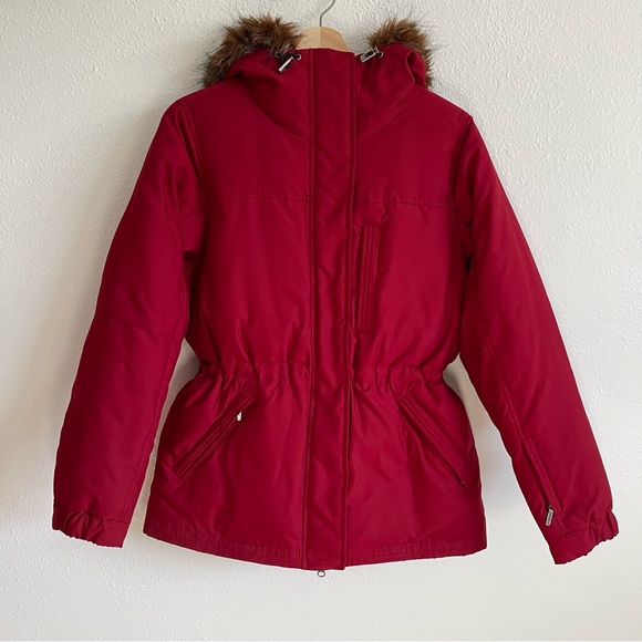 LAUREN RALPH LAUREN Red Down Fill Faux Fur Hood Cinch Waist Puffer Winter Jacket - Picture 1 of 14